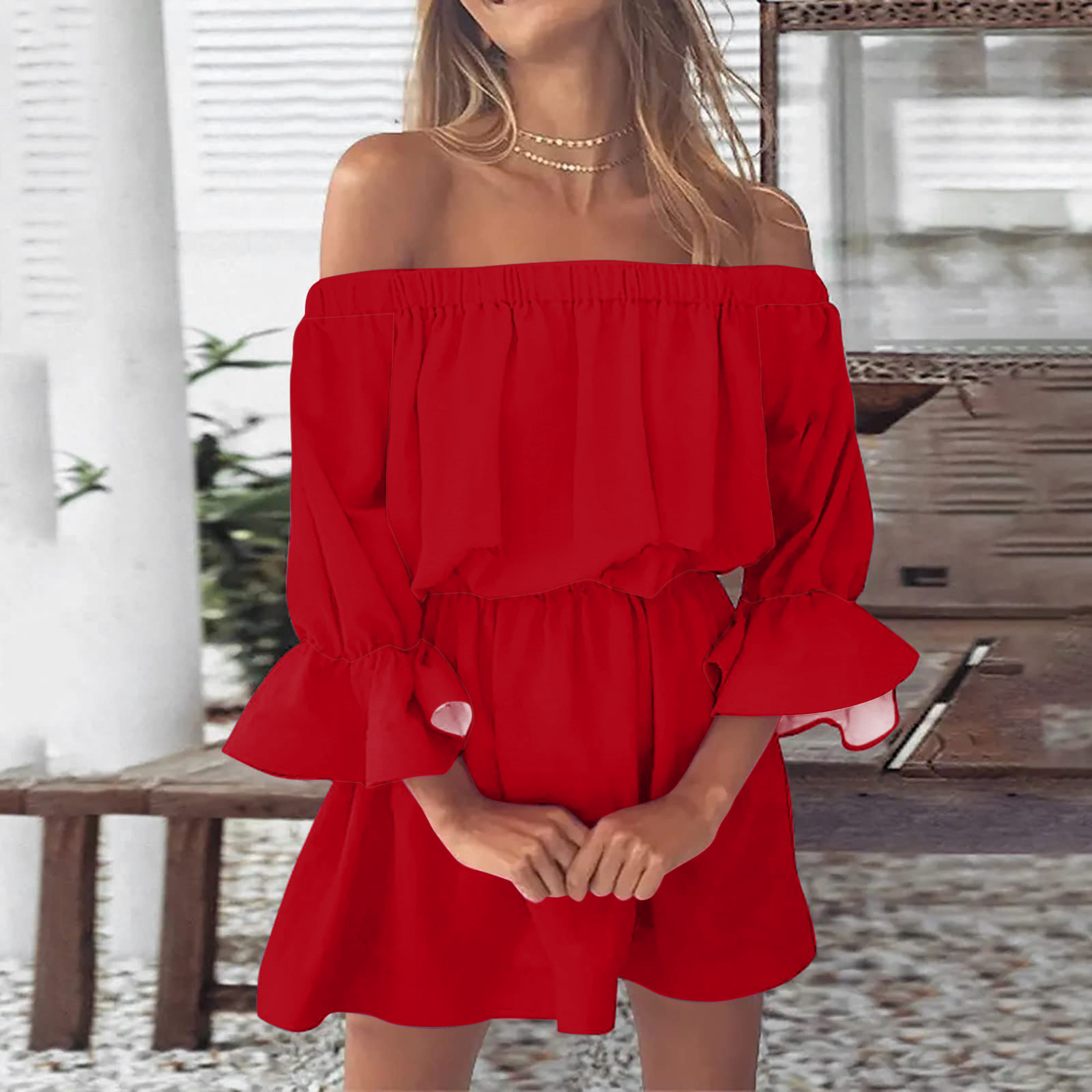 thumbnail image 2 of Mini vestido vintage con estampado, hombros descubiertos y mangas acampanadas para mujer: vestido informal y holgado de verano para la playa con diseño floral, tejido de poliéster, 2 of 5
